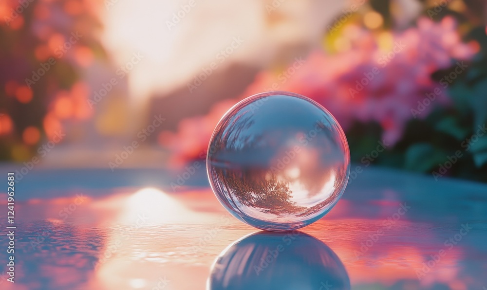 Poster crystal-clear sphere resting on a reflective surface, refracting light into soft colors, symbolizing