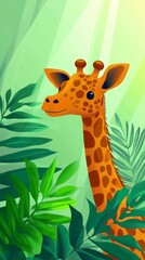 Vibrant giraffe standing amidst lush green foliage in a lively jungle setting ideal for design chaos elements