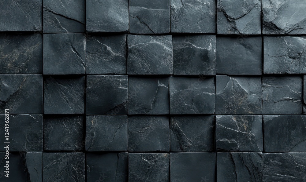 Poster dark black squares with rough, textured surfaces arranged in a minimal geometric pattern.
