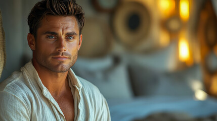 Obraz premium A man in a white cotton shirt getting ready for bed