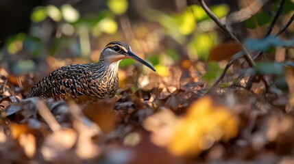 Woodcock in the Underbrush A woodcock hides in the underbrush, its patterned feathers blending with the fallen leaves and twigs. The image highlights the bird's long beak and the dense foliage.