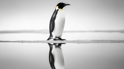 Obraz premium Penguin on Ice A penguin stands on an icy surface, its black-and-white plumage blending with the shadows and snow. The image highlights the penguin's waddling posture and the stark Antarctic landscape