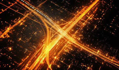 Fototapeta premium Detailed map of glowing orange and white city pathways with bold airplane trails, evoking a sense of global connectivity.