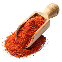 A wooden scoop overflows with bright red chili powder creating a colorful heap on a clean white surface ideal for cooking and seasoning