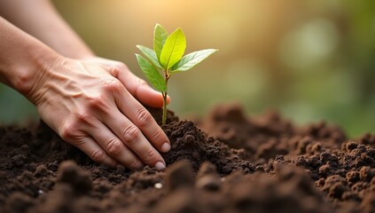 Hands planting a small plant in the soil. Blurry background, summer nighttime. 
