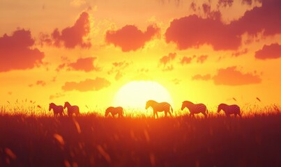 Dramatic silhouette of a wild savannah with zebras walking under a glowing sunset.