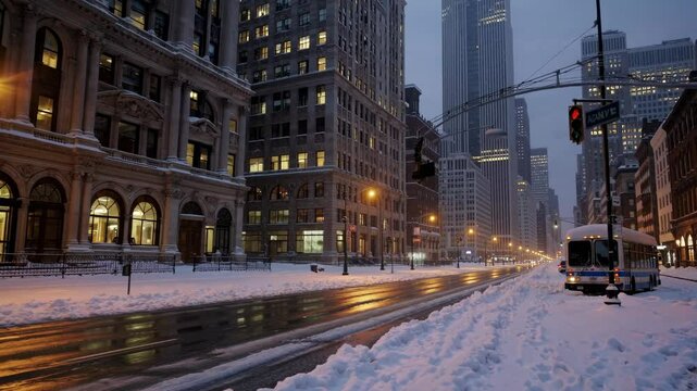 Snowy winter evening in downtown Chicago with traffic light trails on Michigan Avenue. Urban cityscape during snowfall with historic buildings and skyscrapers at dusk