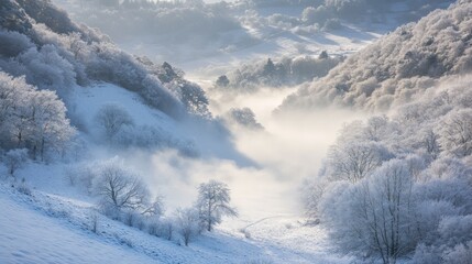 Serene Winter Landscape with Frosty Trees and Misty Valley View