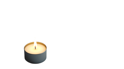 A single glowing candle inside a simple metal holder, casting soft light on the white surface. Transparent background


