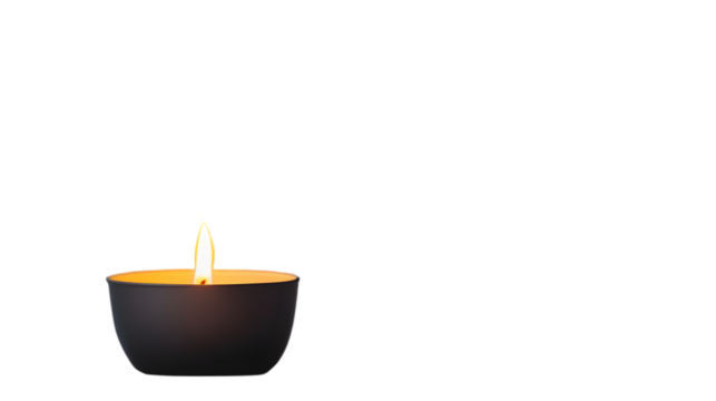 A single glowing candle inside a simple metal holder, casting soft light on the white surface. Transparent background


