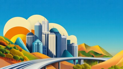 Vibrant Cityscape with Mountains and Colorful Sky at Sunrise