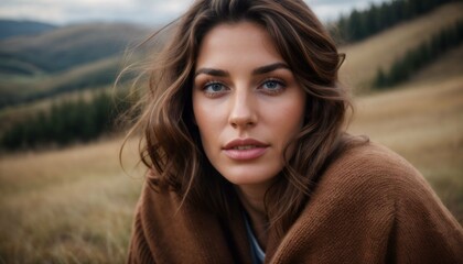 Fototapeta premium A fair-skinned woman with wavy brown hair, wearing a brown coat, looking pensively at the camera in a hilly, grassy landscape.