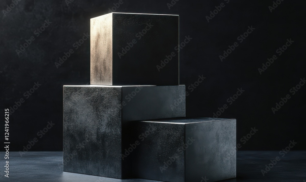 Poster geometric abstract forms of black and silver squares glowing with subtle highlights.