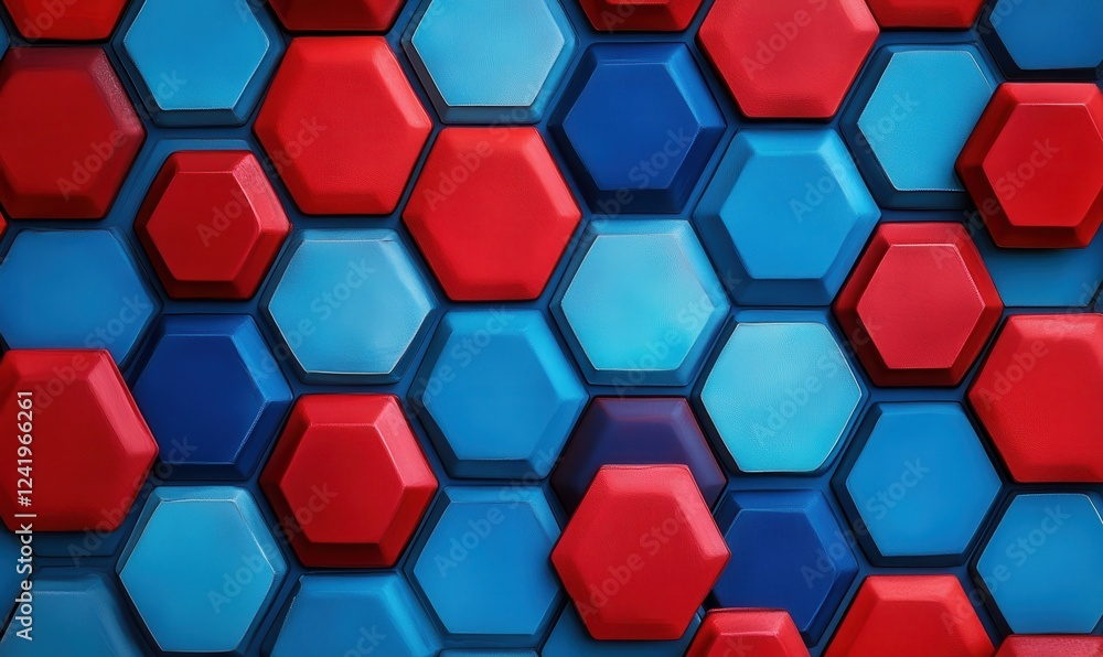 Poster geometric red and blue hexagonal shapes arranged in a modern and abstract pattern, creating bold vis