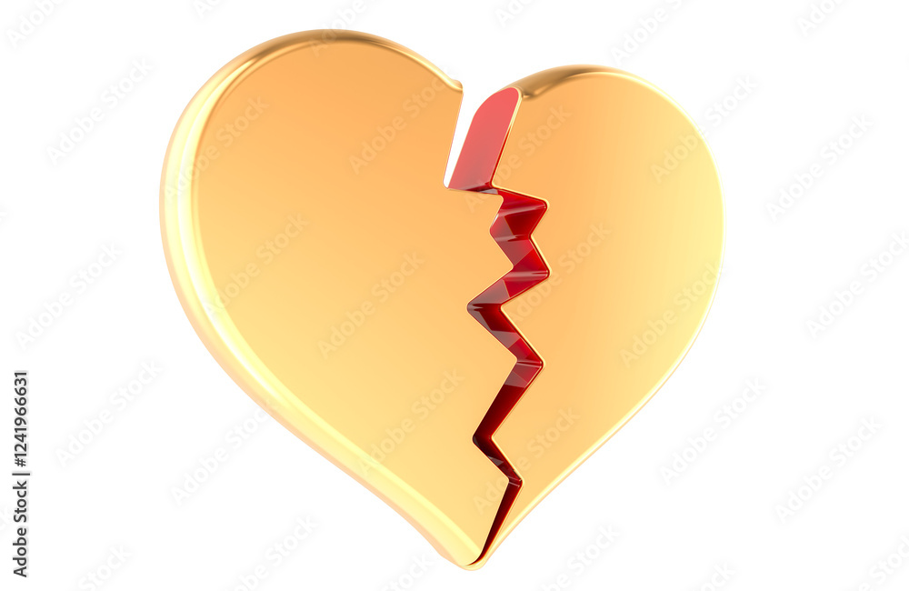 Poster broken golden heart, 3d rendering isolated on transparent background