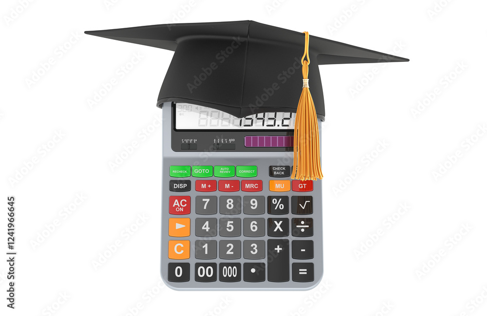 Poster calculator with graduation hat. 3d rendering isolated on transparent background