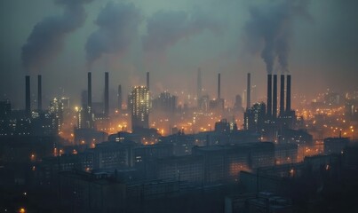Naklejka premium Glowing industrial cityscape at night under a thick smog blanket, emphasizing urban pollution and modernization, muted colors with bright highlights