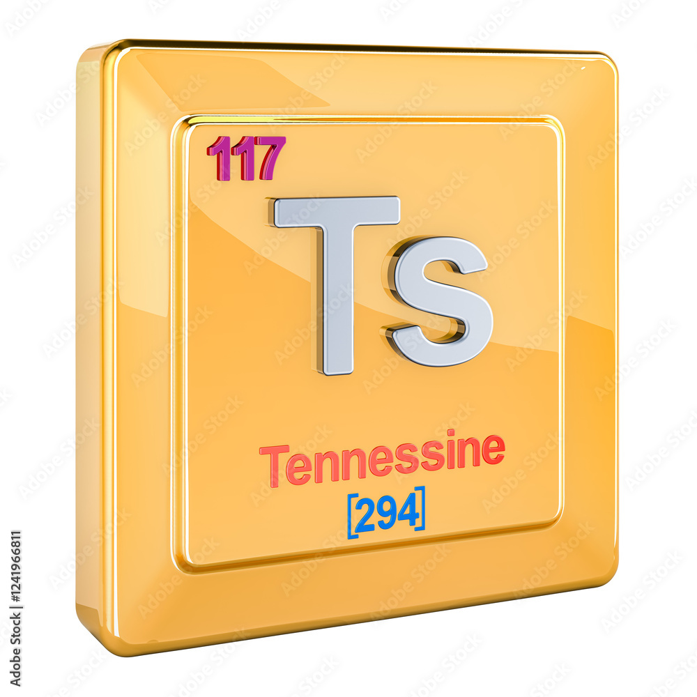 Poster tennessine ts, chemical element sign with number 117 in periodic table. 3d rendering isolated on tra