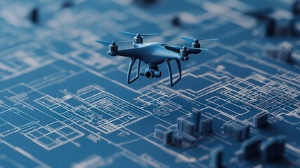creative representation of architecture of a drone placed over blueprints of a city, security, innovation and precision in structural design