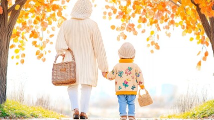 Woman and Toddler Walking Under Autumn Trees
