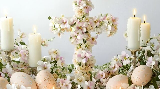 Religious Easter cross with flowers and candles on a white background