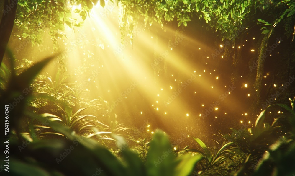 Poster golden rays of sunlight streaming through dense forest greenery, creating an ethereal and tranquil n