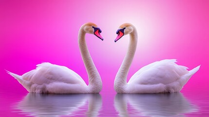 Two Graceful White Swans Facing Each Other on Pink Water
