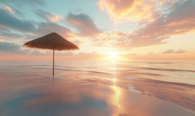 Golden sunrise over a tropical beach, calm waves reflecting the vibrant hues of the sky, thatched umbrella casting a soft shadow on the sand, idyllic getaway