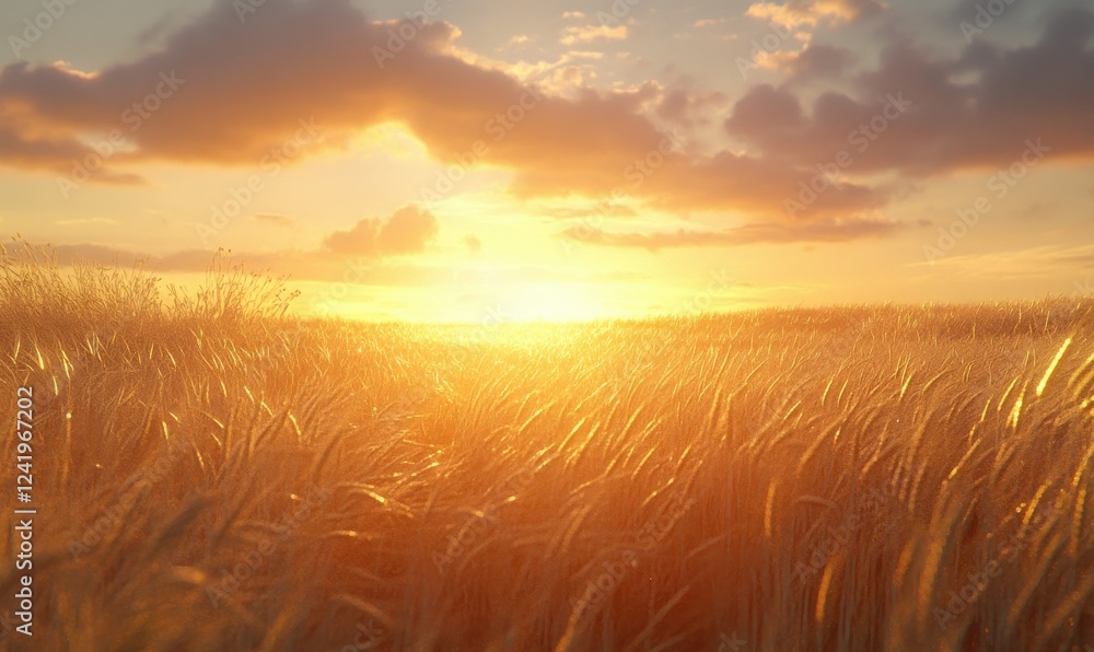 Poster golden wheat field at sunset with soft clouds and a glowing horizon for a tranquil and idyllic count