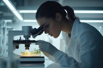 A female scientist examines plant samples under a microscope in a modern laboratory, conducting research on plant growth and development.
