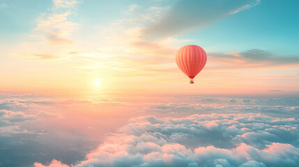 Hot air balloon floating above the clouds at sunset