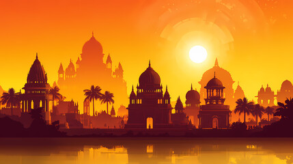 Obraz premium Saffron and orange silhouette of temples and religious architecture sunset background with text for mahakumbh, diwali, hindu festivals in india. Cultural Festivals & Rituals. Illustration
