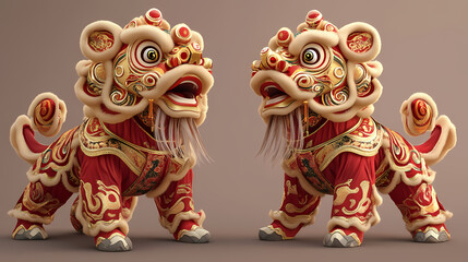 Fototapeta premium Vibrant and ornately decorated red and gold lion dance costume featuring intricate patterns and textiles used in traditional asian festivals and cultural. Cultural Festivals & Rituals. Illustration