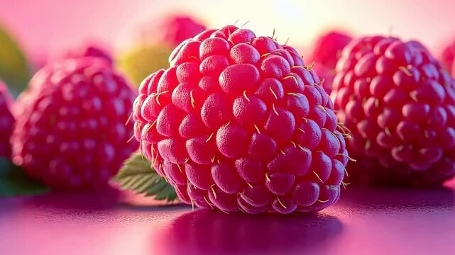 Glossy raspberry with leaves, close-up, vibrant texture, isolated background, 3D Blender Style, cute minimal, high detail