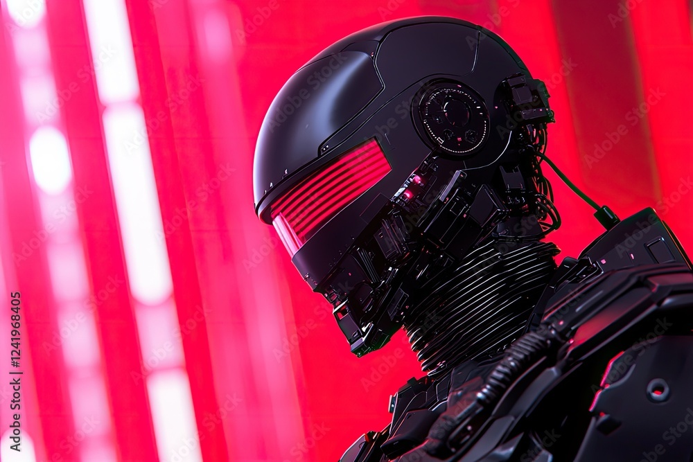 Poster a futuristic robot with a sleek design and illuminated features stands against a vibrant red backdro