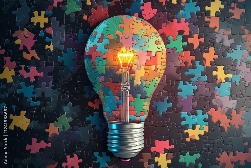 Poster a glowing light bulb is positioned at the center of colorful puzzle patterns, creating a striking ge