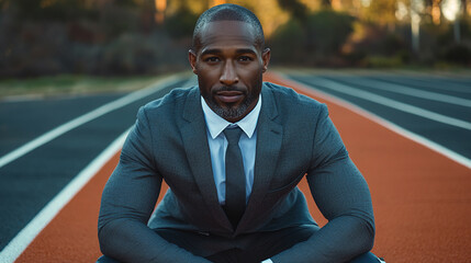 African american businessman in an elegant suit getting ready to run on an orange running tracks outdoors. leadership challenge for the ceo executive of the company concept, start line, determination.