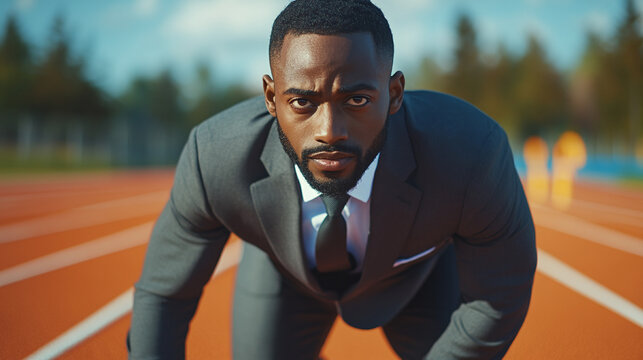 African american businessman in an elegant suit getting ready to run on an orange running tracks outdoors. leadership challenge for the ceo executive of the company concept, start line, determination.