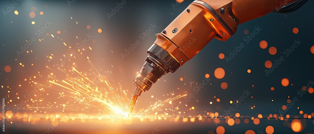 Poster a robotic arm creates sparks while performing precision work, showcasing advanced technology in manu