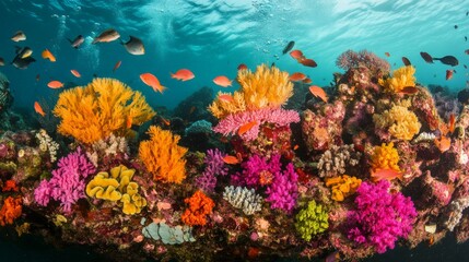 Naklejka premium Vibrant Coral Reef Ecosystem Teeming with Colorful Marine Life
