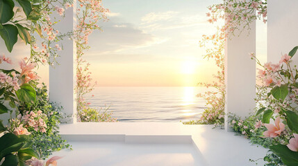 Serene golden sunrise over calm ocean waves reflecting warm hues with a soft-focus floral foreground in a tranquil setting