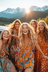 Laughing friends in floral dresses enjoy a sunny road trip through mountains.