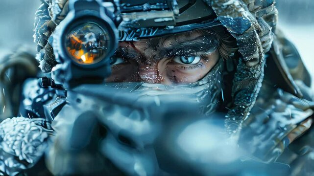 Modern military soldier wearing protective helmet during war and combat