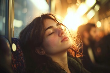 Young woman peacefully sleeping on public transport, bathed in golden sunlight.