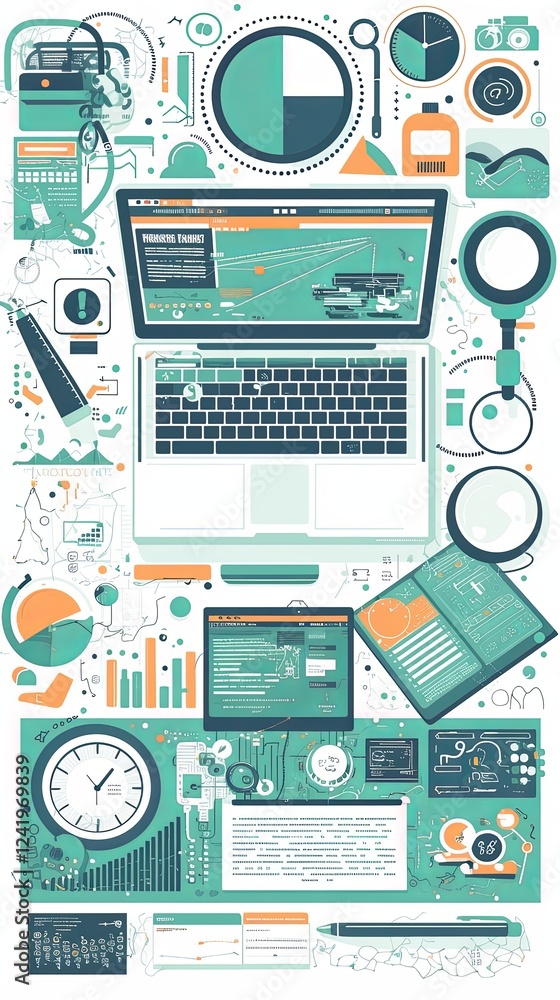 Poster laptop illustration with search engine elements and data visualizations