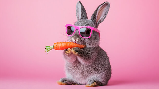 Funny gray rabbit or bunny animal wearing pink sunglasses and eating a carrot vegetable, studio photography, isolated on a pink background.