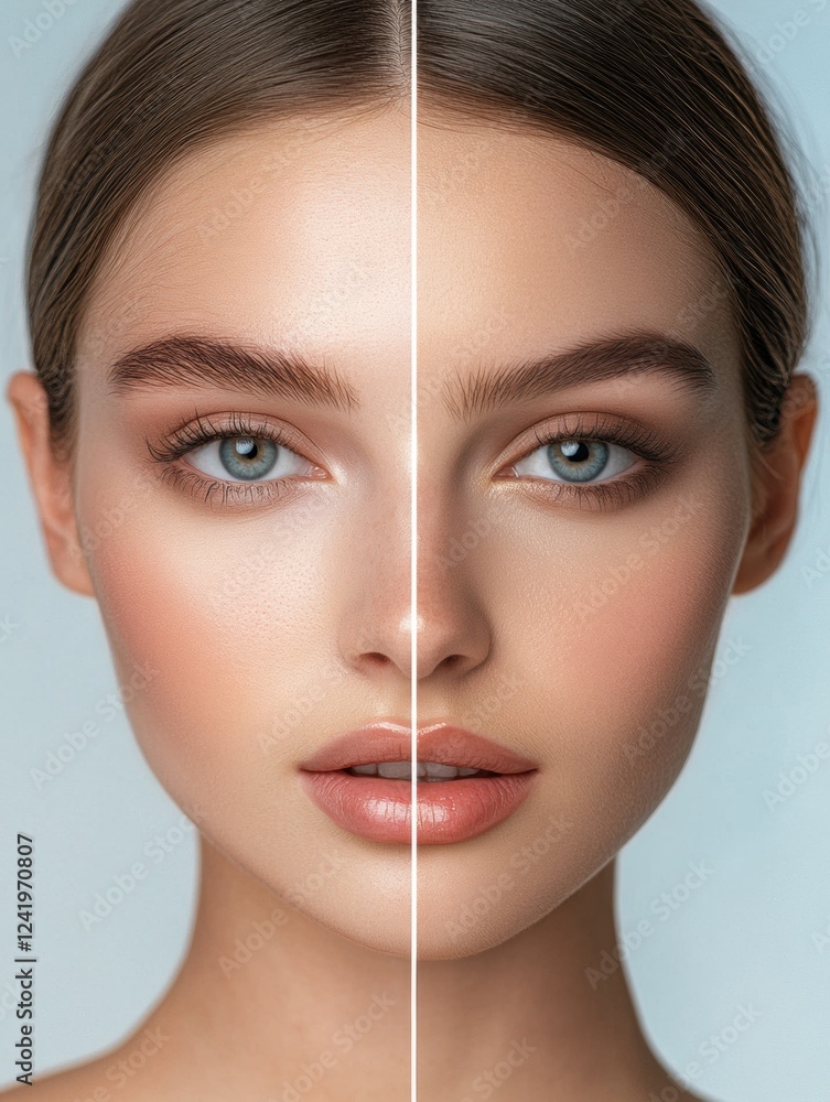 Poster face split showing natural beauty on one side and glamorous makeup application on the other side dur
