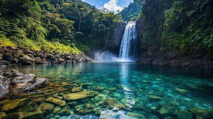 Fototapeta premium Majestic Waterfall Surrounded by Lush Green Forest and Clear Water