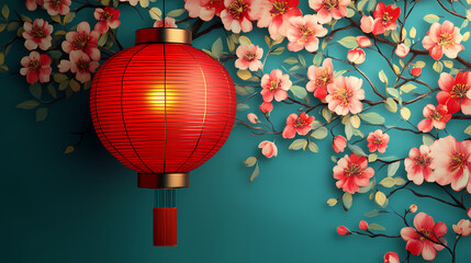 A red lantern set against a floral backdrop, symbolizing cultural festivals and holiday celebrations, crafted for promoting traditional events. Cultural Festivals & Rituals. Illustration
