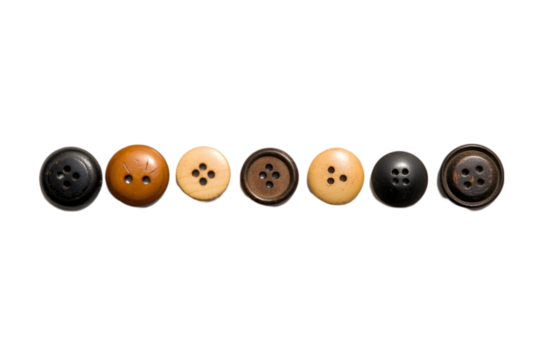 A collection of antique buttons, each with a unique design, arranged in a neat row. Transparent background


